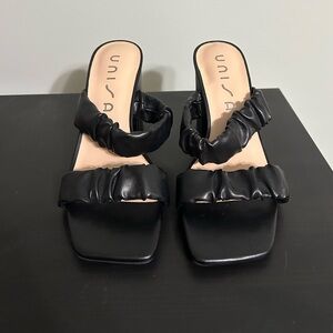 UNISA Black Ruched Strap Slide Block Heel Sandals